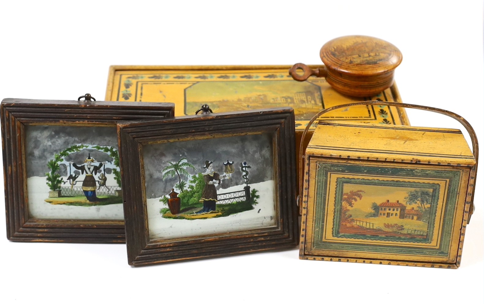 Two early 19th century boxes, a circular Brighton nutmeg grater and a pair of framed early 19th century reverse prints, chinoiserie subjects